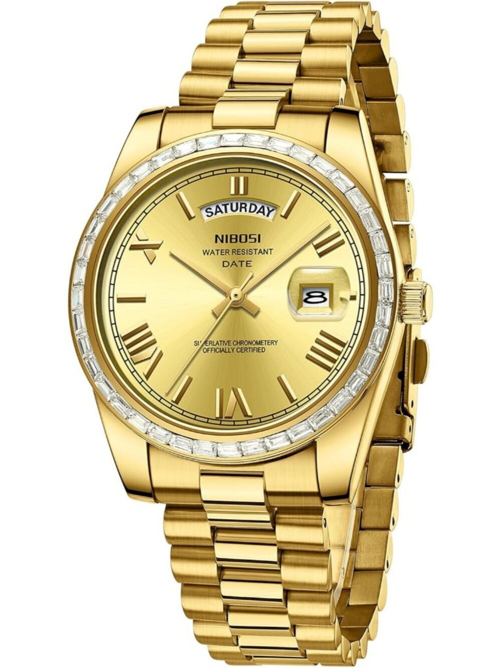Nibosi Men's Gold Analog Quartz Diamond Bezel Stainless Steel Waterproof Watch